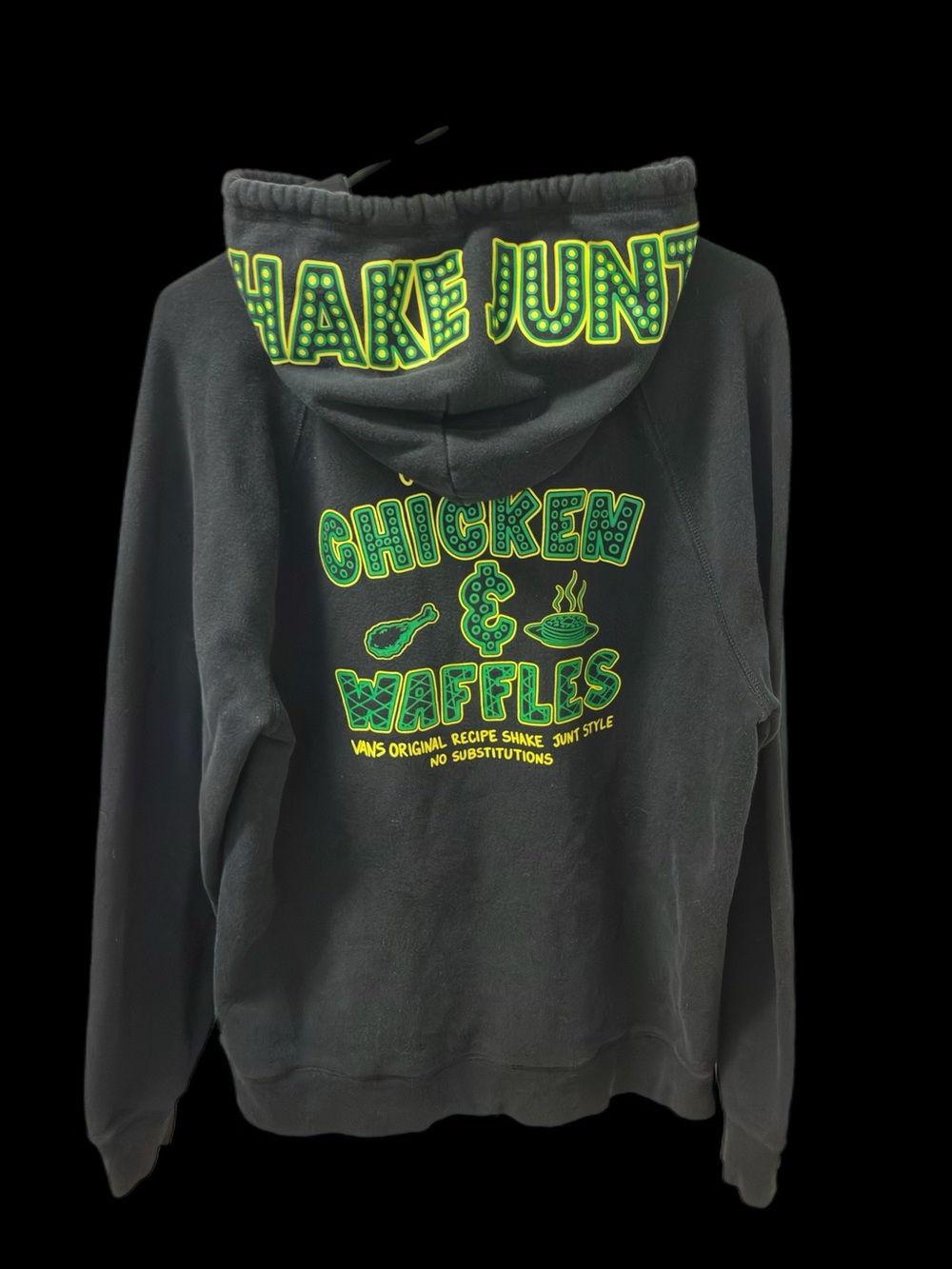 Vans Black Hoodie with Neon Green & Yellow Chicken & Waffles Graphic